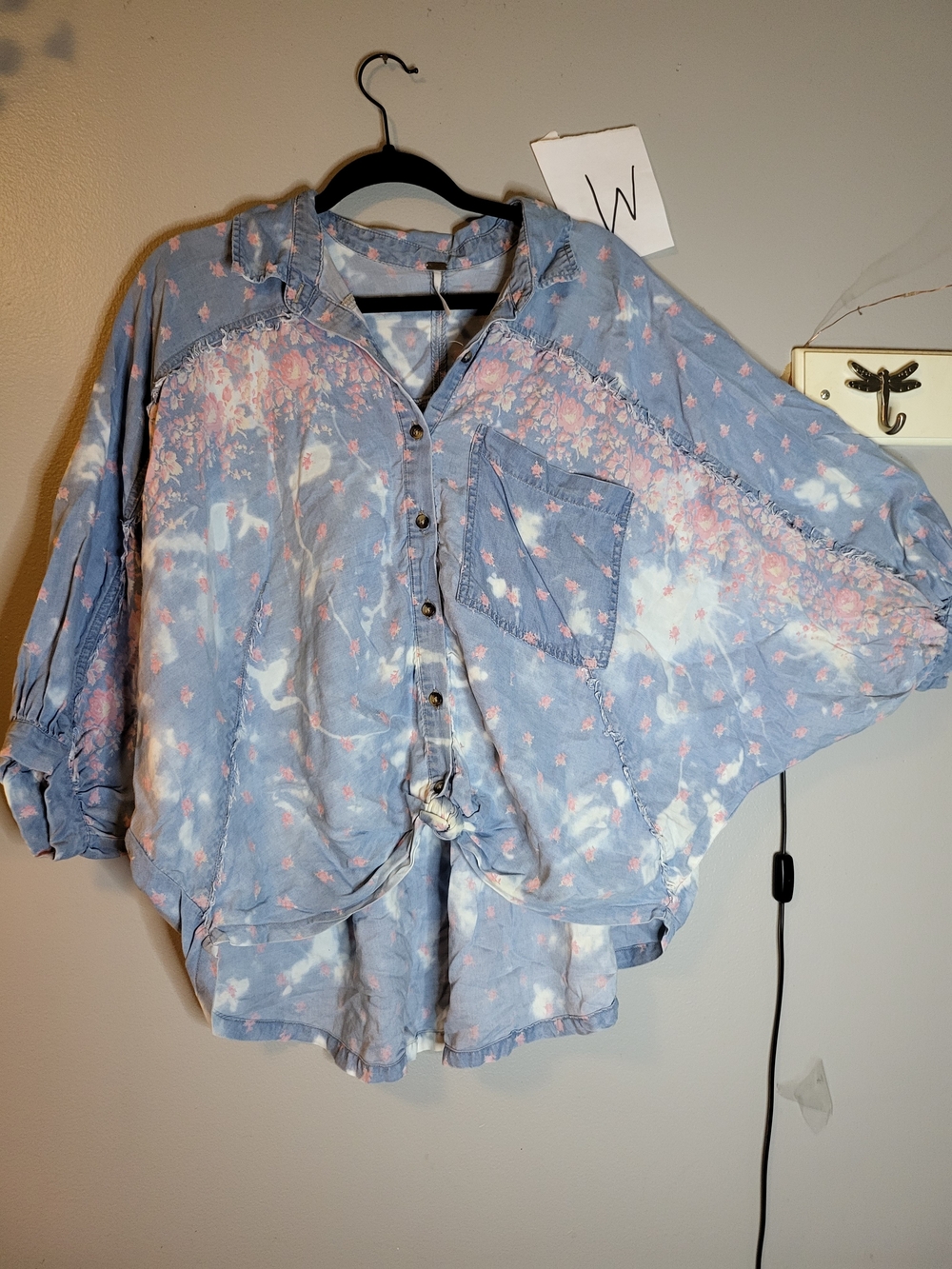 Free People Light Blue Tie-Dye Button-Down Top with Pink Floral Print L